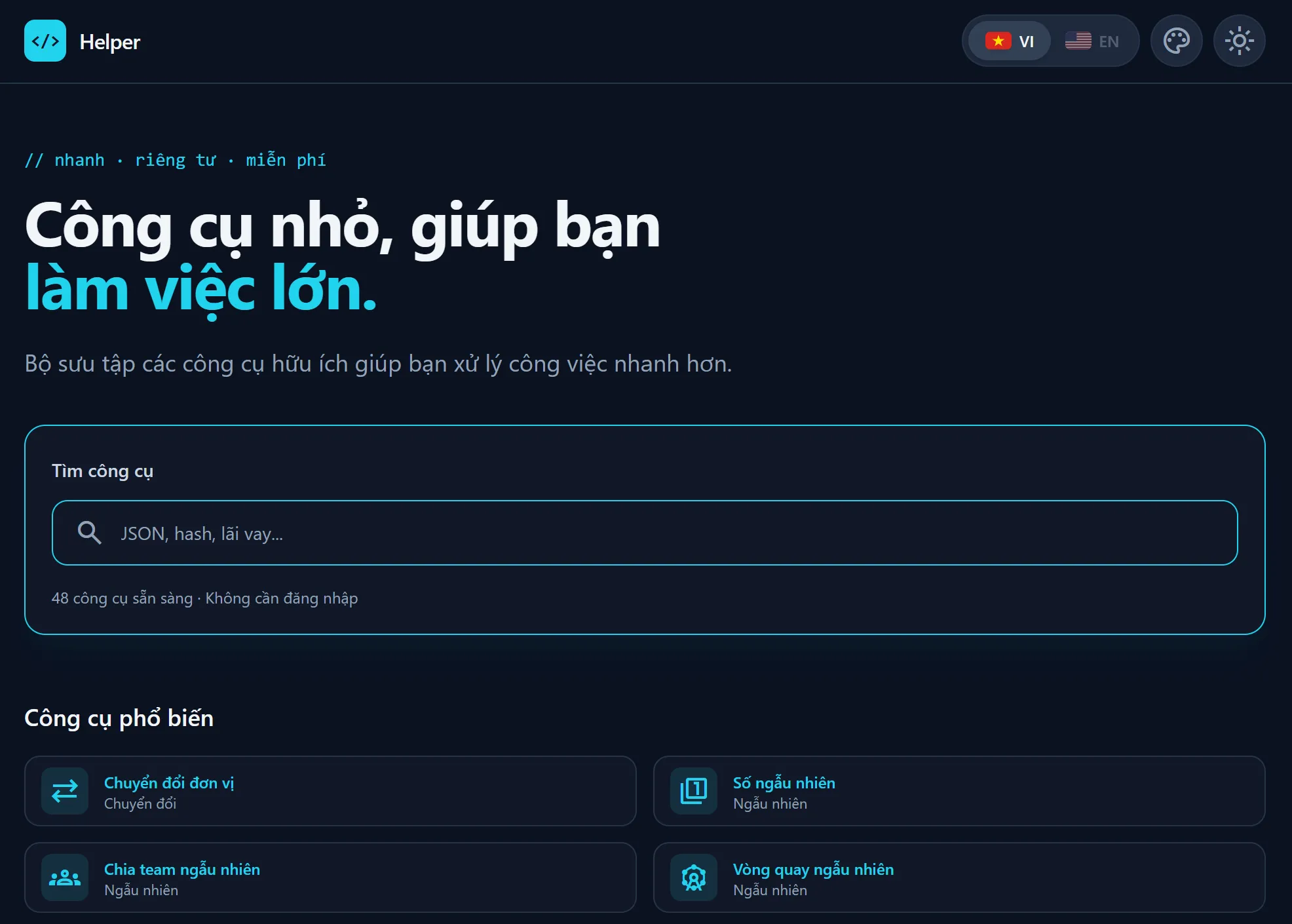 Trang chủ Helper với danh sách các công cụ hỗ trợ công việc